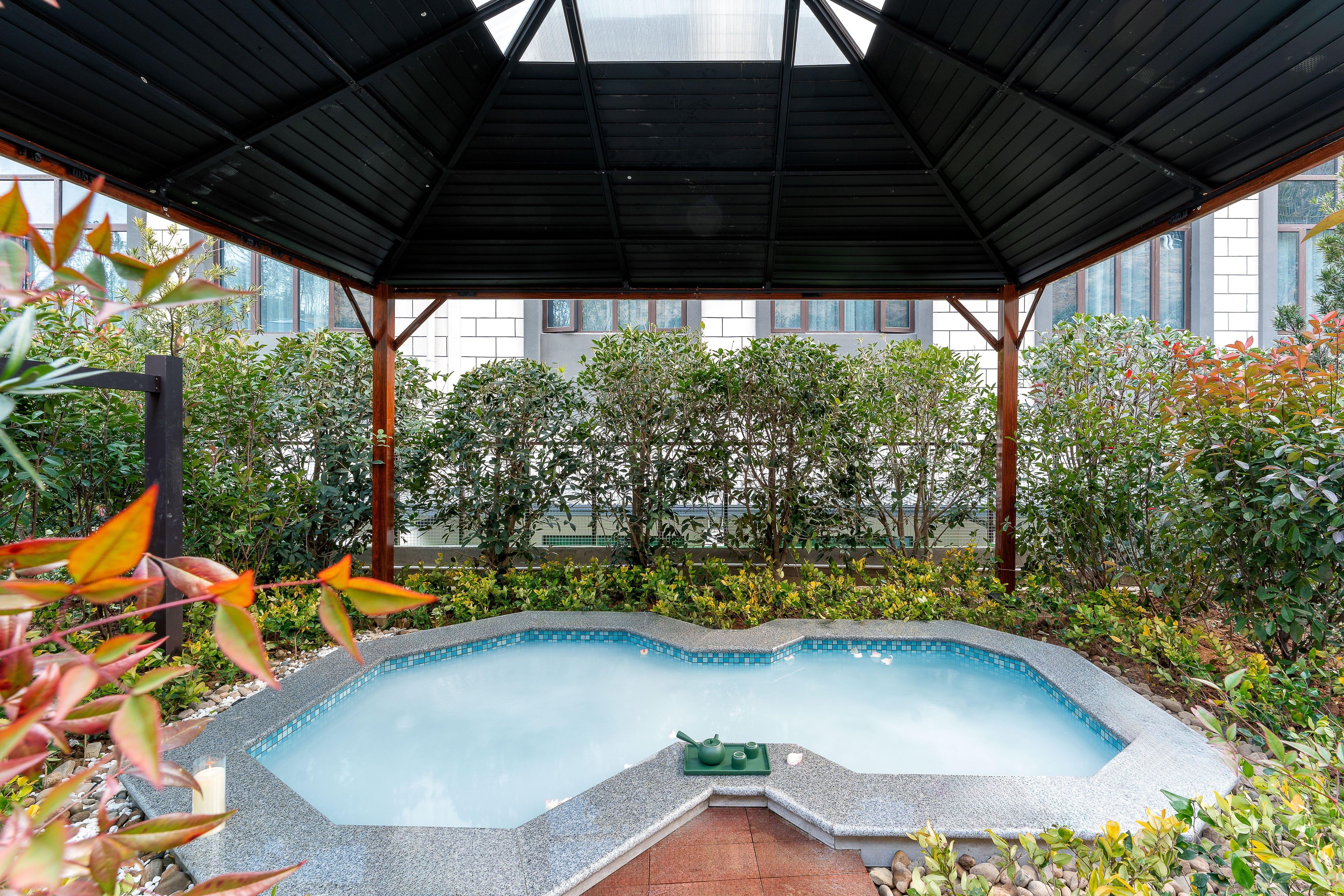 Piscina com borda azulejada, rodeada por vegetação e uma área coberta com telhado de metal.