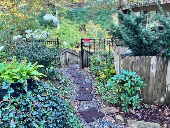 Un sentier de jardin menant à une porte en bois, entouré d’une végétation luxuriante et d’une clôture en bois.