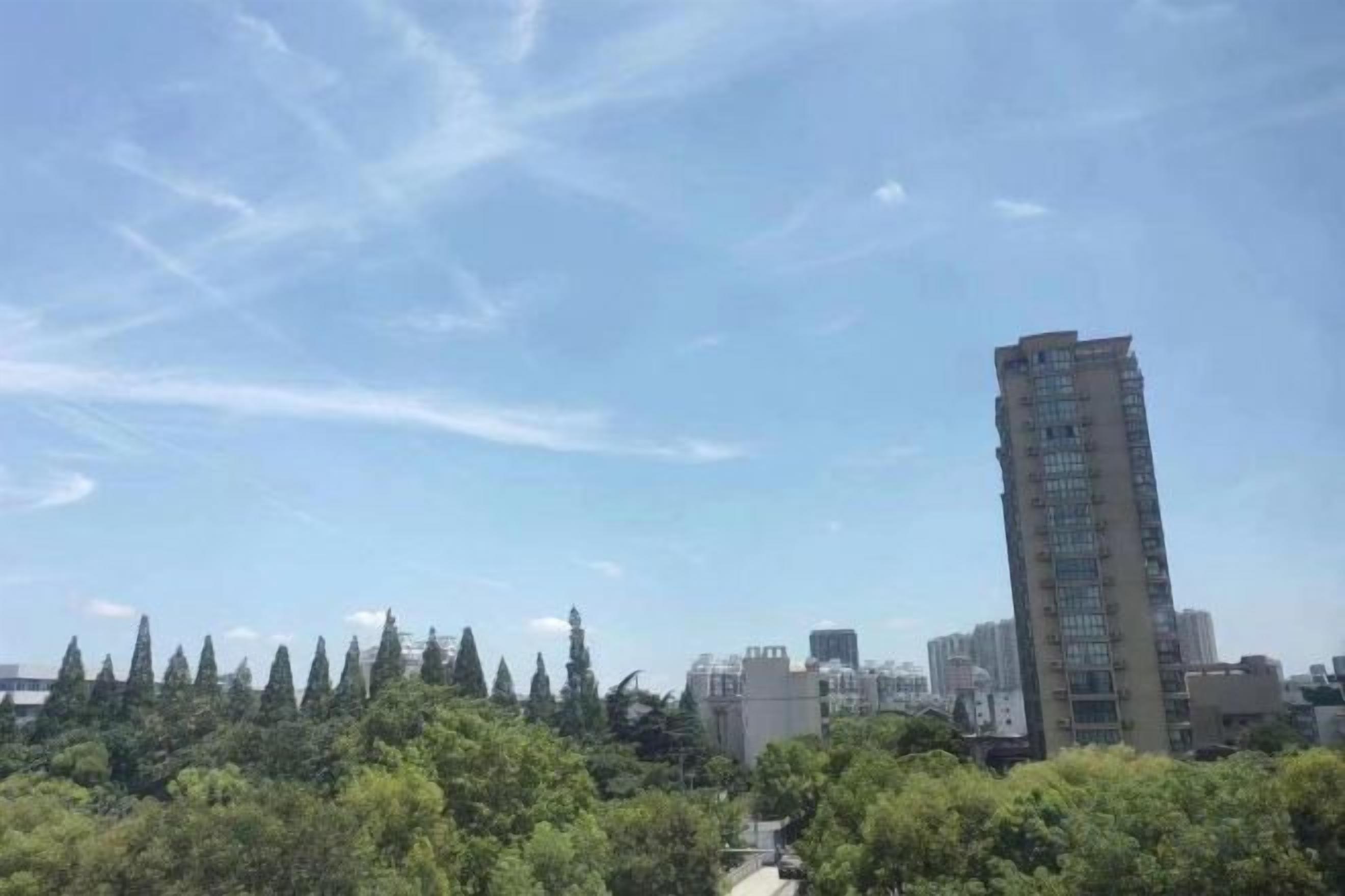 Een hoog gebouw met een heldere lucht en bomen op de voorgrond.
