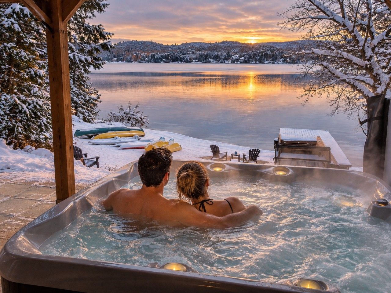 Ein Paar entspannt in einer Hot Tub mit Blick auf einen See und eine verschneite Landschaft.