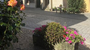 Un patio con pavimento de adoquines, un edificio con múltiples ventanas y plantas en macetas con flores.