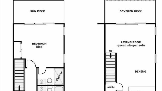 A floor plan with a sun deck, two bedrooms, a living room with a queen sleeper sofa, a dining area, a kitchen, and a half bathroom. - Shangri La - 2BR Turtle Cove Townhouse Near Pool (Surf City)