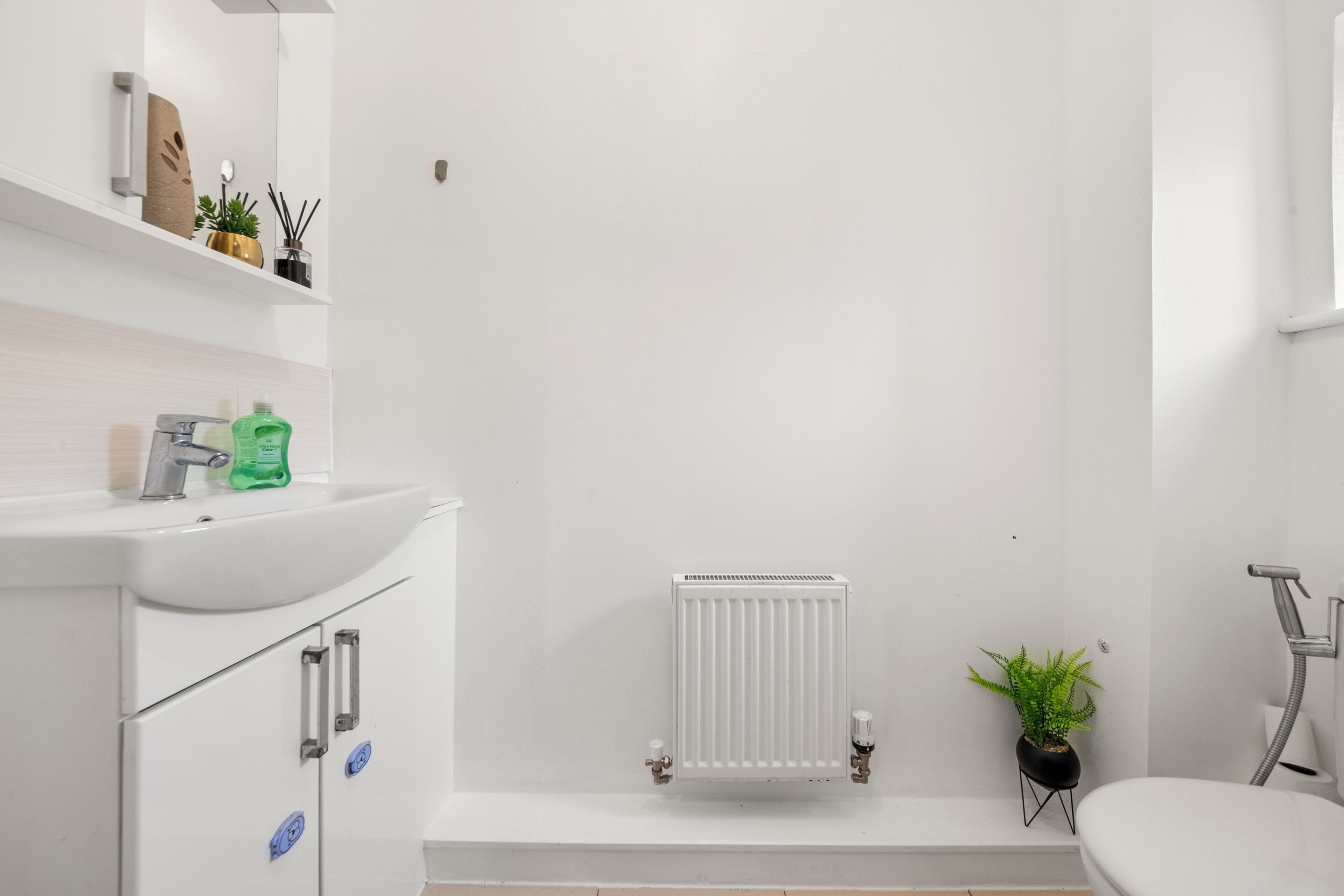 A modern bathroom with a white sink, a radiator, a toilet, and a small potted plant.