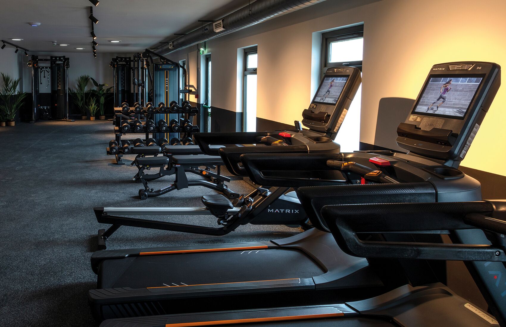 Une salle de sport équipée de tapis de course, d’appareils de musculation et d’un rameur.