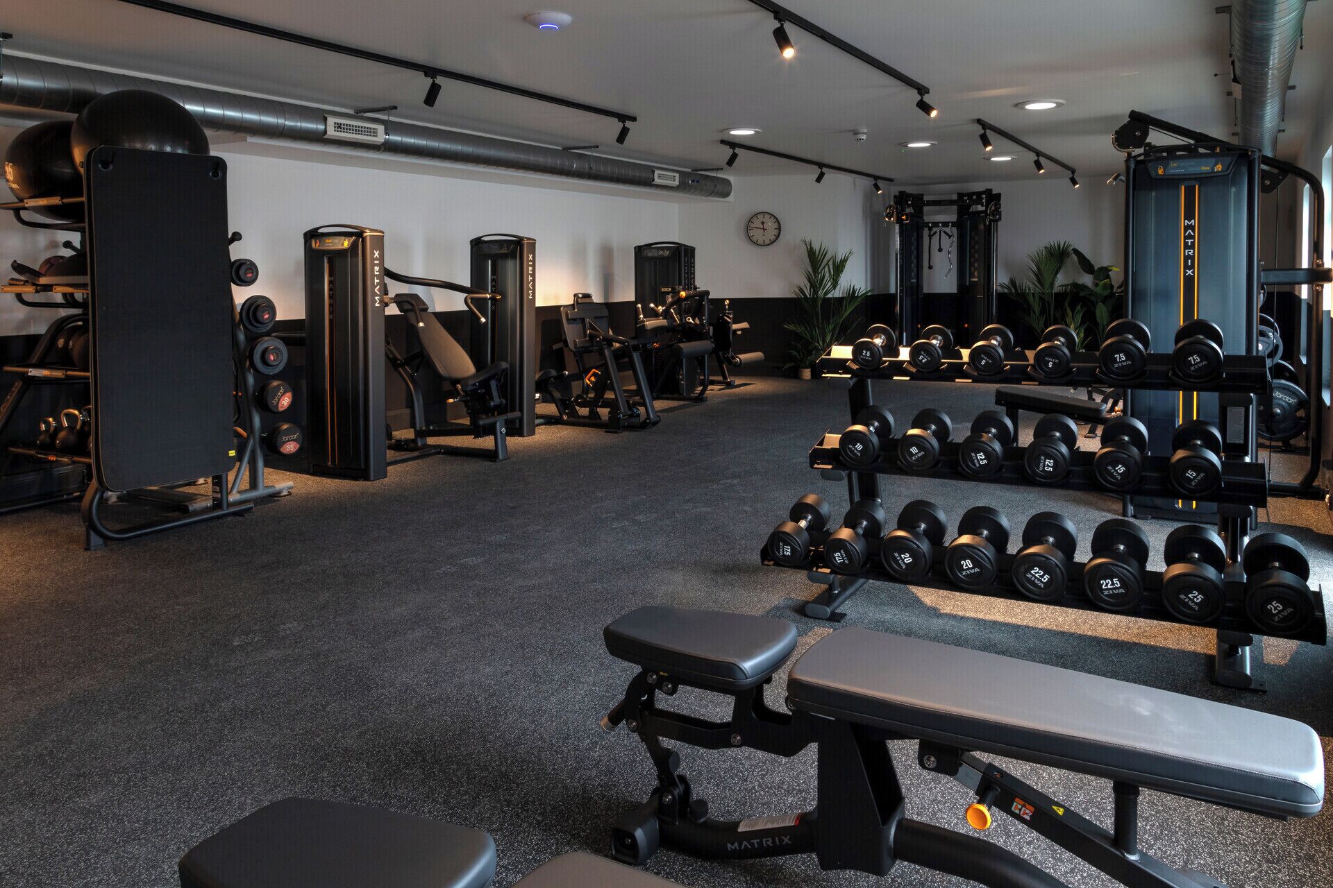 A gym with various exercise equipment, including dumbbells, benches, and weight machines.