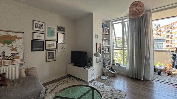 A living room with a sofa, a TV, a bookshelf, a map on the wall, and a view of a balcony with plants and a dog. - Modern 2BD Flat in Mile End with Private Balcony (Greater London)