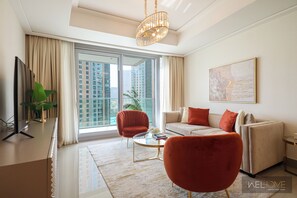 Leilighet – deluxe, balkong, byutsikt | Oppholdsområde