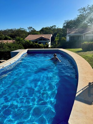Ein Swimmingpool mit klarem, blauem Wasser, umgeben von einer Betonplattform und üppiger Vegetation.