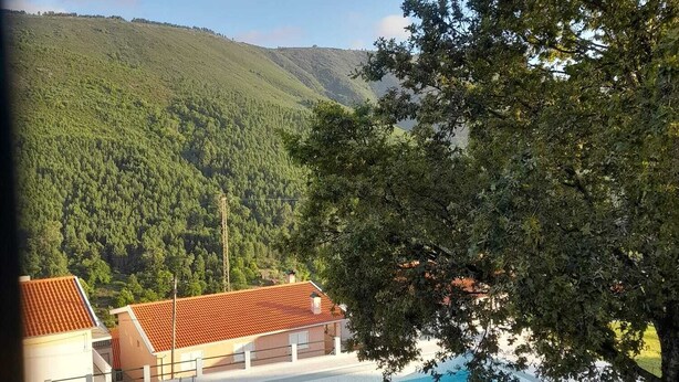 A swimming pool with a wooden deck and a view of a hillside with buildings in the background.