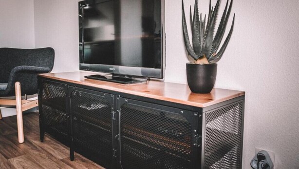 A modern living room with a flat-screen TV on a wooden console, a black chair, and a potted aloe plant.
