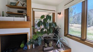 Une pièce avec une cheminée, des plantes en pot et une vue sur l’extérieur.