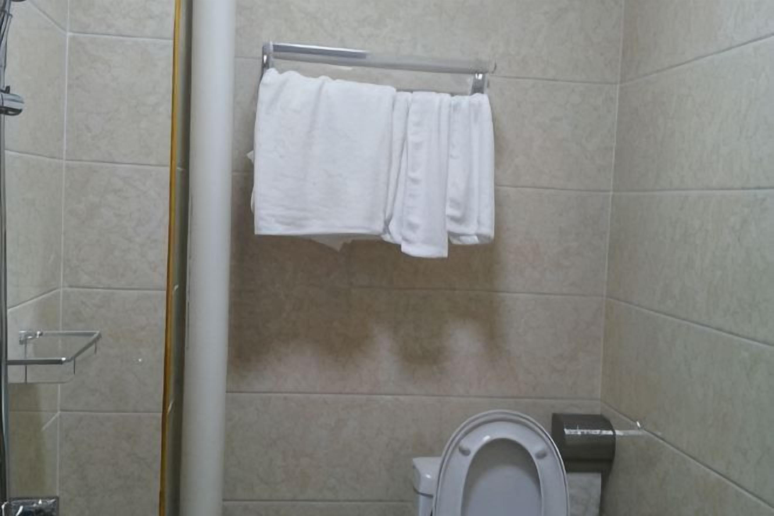 A bathroom with a toilet, a towel rack with towels, and a shower area.