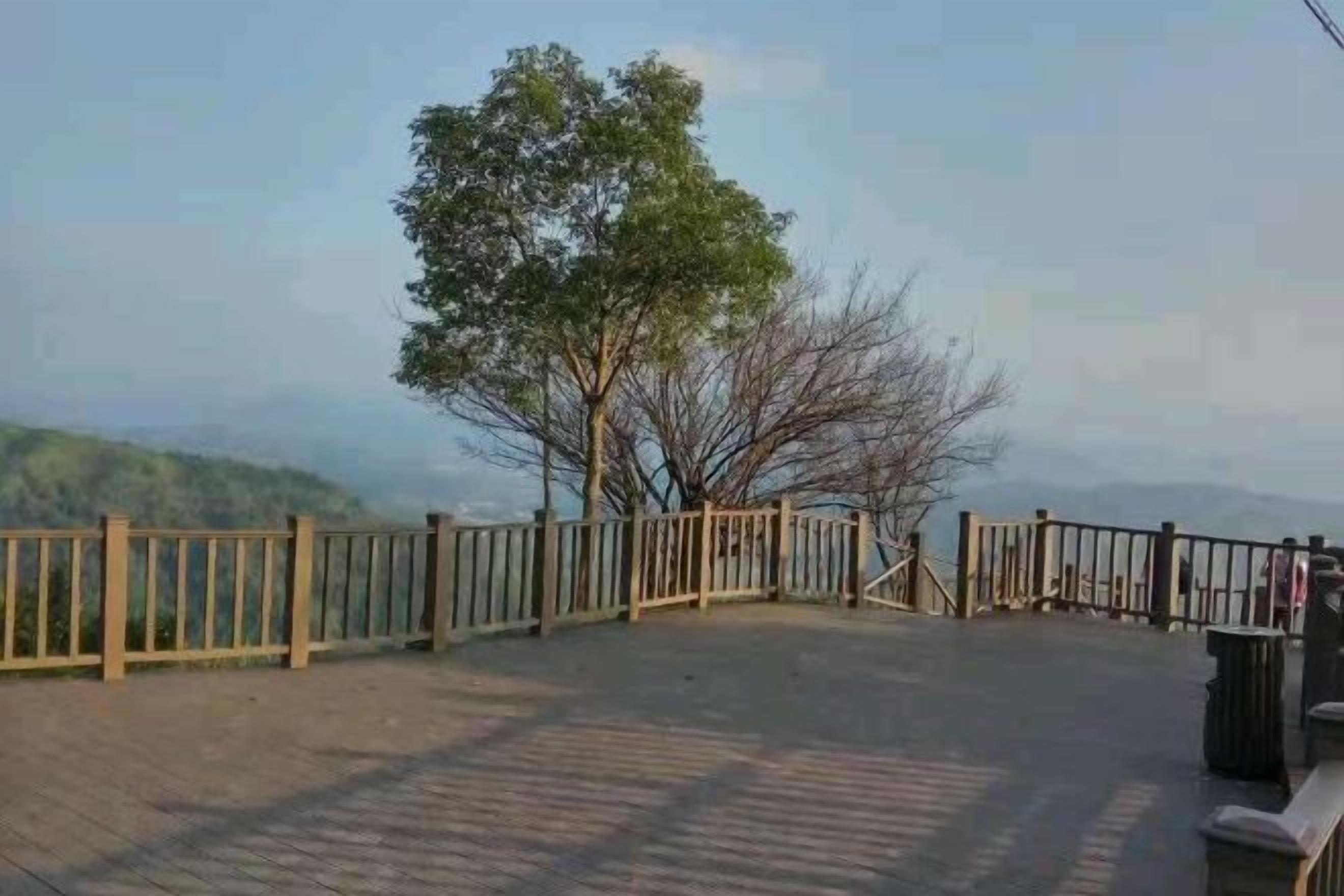 A wooden deck with a metal railing, a tree, and a view of the landscape.