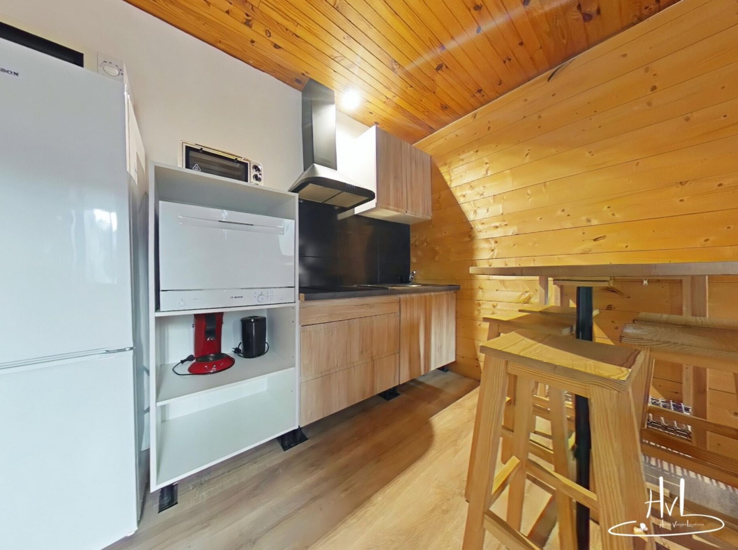 Fridge, microwave, coffee/tea maker, cookware/dishes/utensils