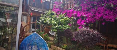 A traditional wooden house with a balcony, a blue lace chair, and vibrant pink bougainvillea flowers.