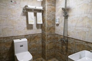 Une salle de bain avec des toilettes, une douche et un lavabo.