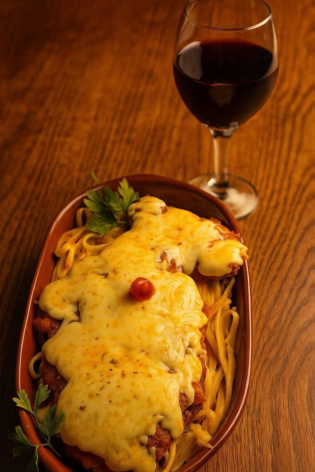 A dish of lasagna with a glass of red wine on a wooden table.