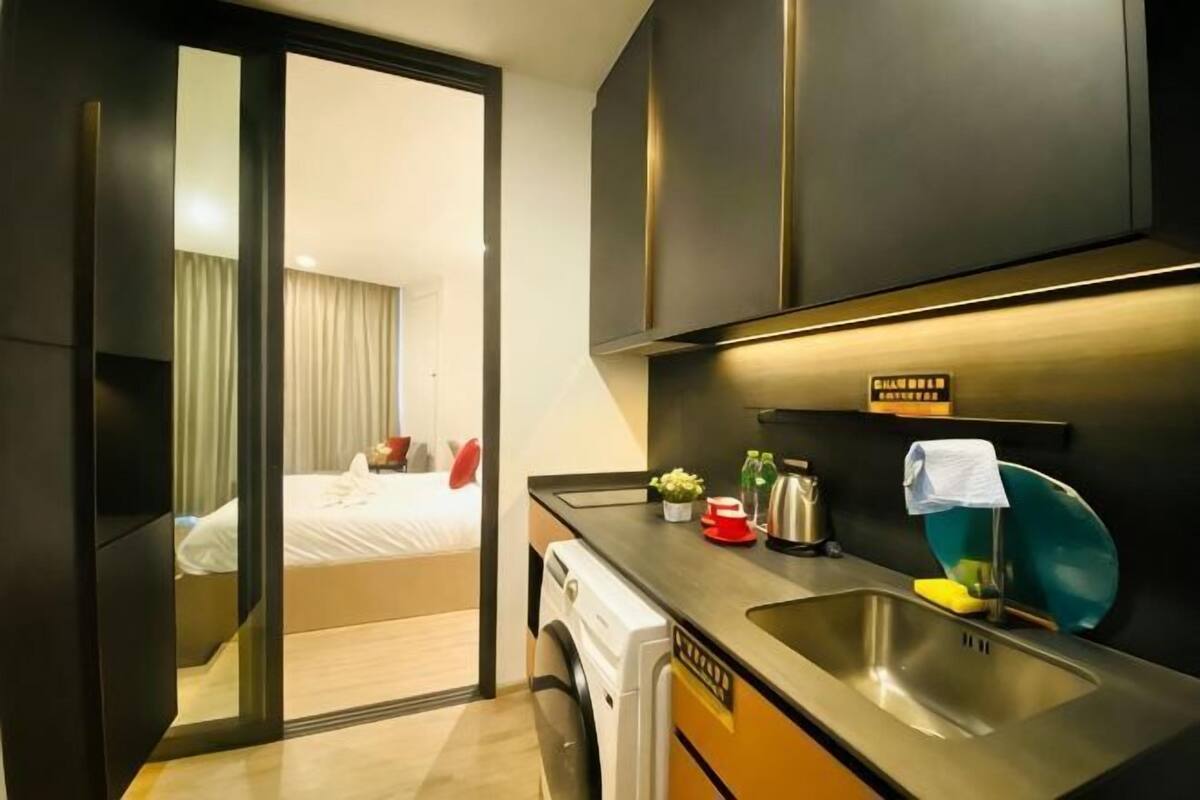 A modern kitchen with a sink, a coffee machine, and a small plant.