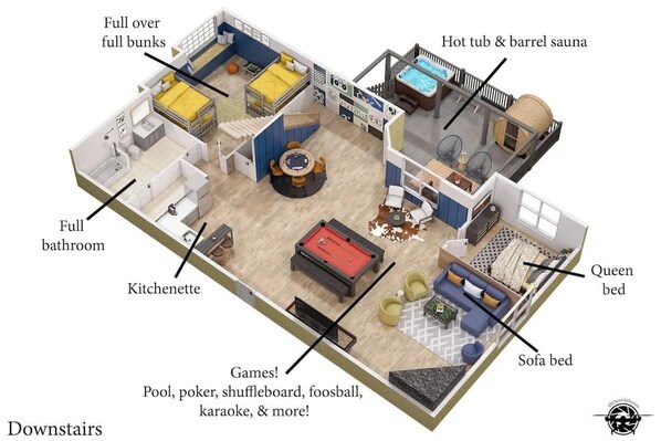 Distribución en 3D de una habitación de hotel compacta con baño completo, kitchenette, camas tamaño queen y sofá cama, zona de piscina y bañera de hidromasaje.