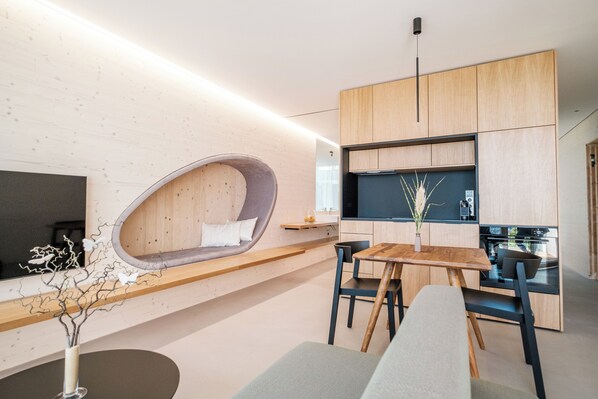 Luxury Chalet, Balcony, Hill View | Living area | 50-inch Smart TV with digital channels, streaming services