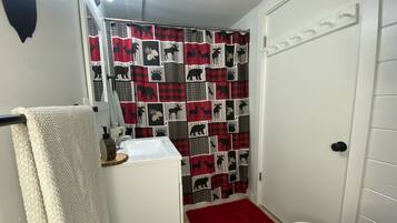 Secador de cabelo, toalhas de banho, sabonete, shampoo