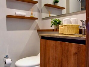 Hair dryer, towels, soap, shampoo