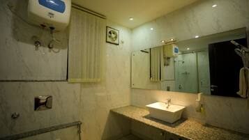 Shower, hair dryer, bidet, towels
