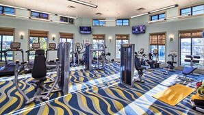A gym with various exercise equipment, large windows, and a patterned carpet. - House near Disney world and many other attractions and theme parks. (Davenport)