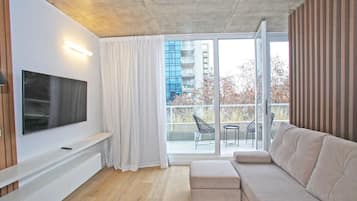 Apartamento Deluxe | Zona de estar | Televisión LED de 45 pulgadas con canales por cable