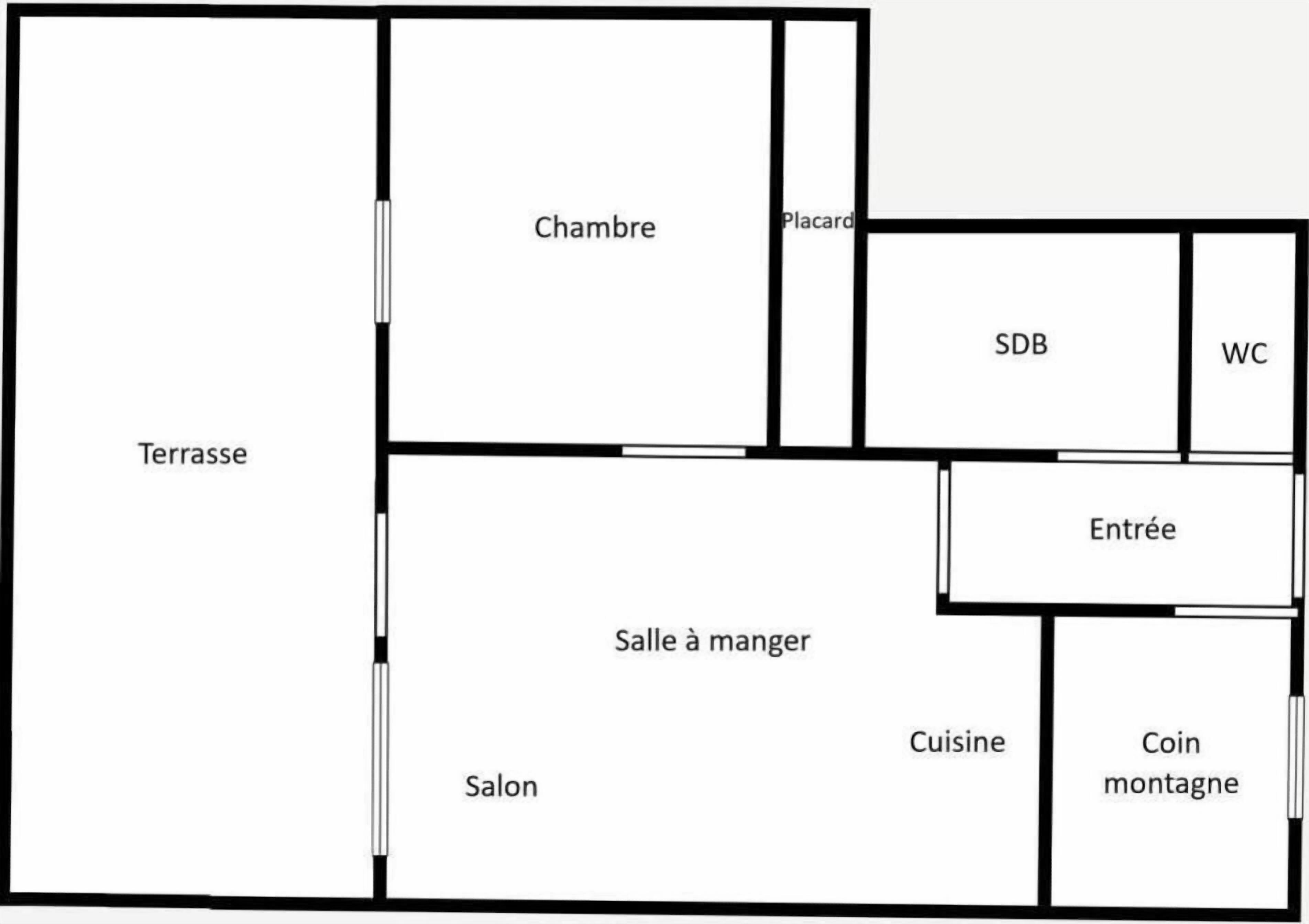 A hotel layout with a terrace, bedroom, bathroom, sitting room, dining room, kitchen, and coin laundry.