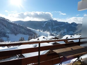 A wooden deck with a view of snow-covered mountains and a clear sky.