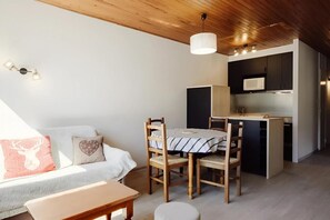 A compact living space with a kitchenette, a dining area with a table and chairs, and a sofa with decorative pillows.