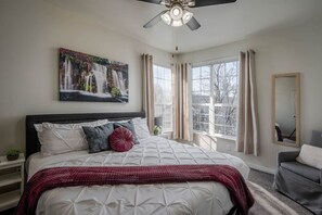 1 bedroom, desk, iron/ironing board, travel cot