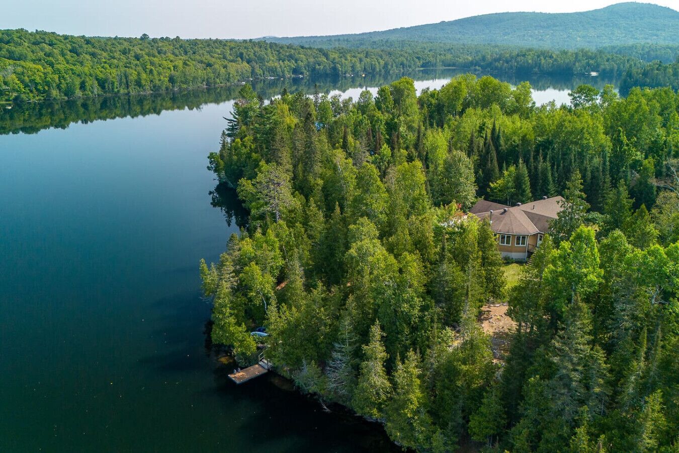 A house surrounded by dense forest and a lake.