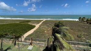 A beach view with a sandy path leading to the ocean, palm trees, and a clear sky.