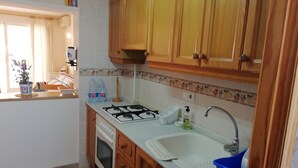 Cocina compacta con armarios de madera, estufa a gas, lavaplatos y una ventana con cortinas.