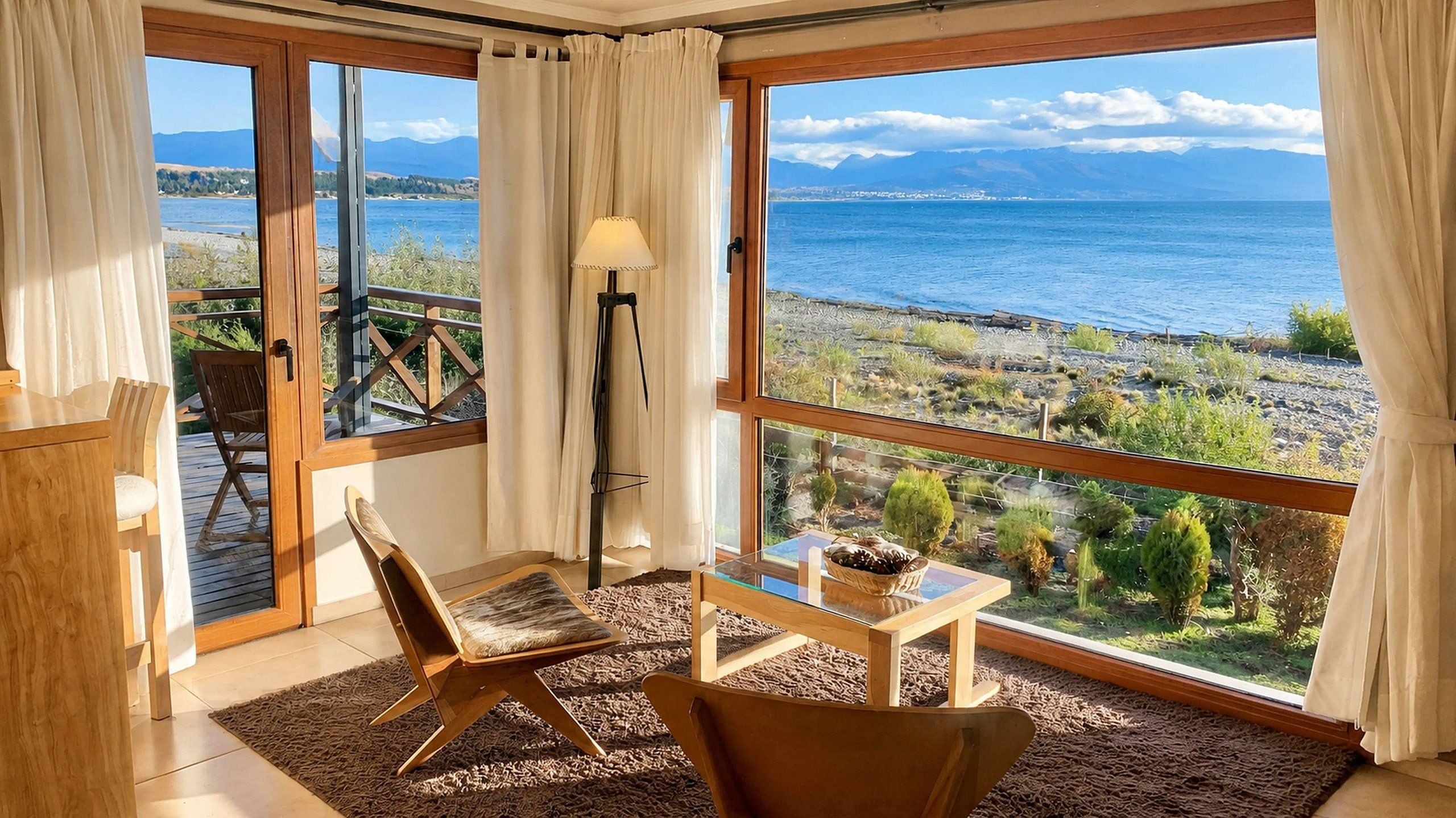 A room with a large window overlooking a coastal landscape, a wooden chair, a small table with a bowl, and a floor lamp.