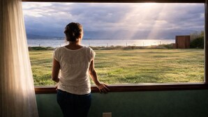 Uma pessoa de pé junto a uma janela, com vista para um campo gramado e um corpo d'água.