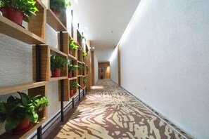 Un couloir avec des étagères en bois, des plantes en pot et un revêtement de sol en moquette à motifs.