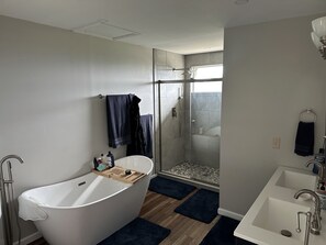 Hair dryer, towels, soap, shampoo