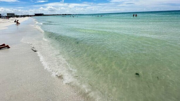 A beach with clear turquoise water, a sandy shore, and a partly cloudy sky. - PAR-TEE|3bd Golf Course Home - Sleeps 11, Pets OK! (Sarasota)