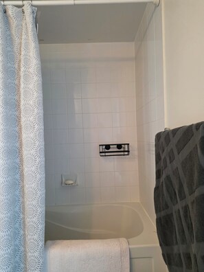 Hair dryer, towels, soap, toilet paper