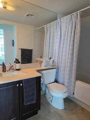 Hair dryer, towels, soap, toilet paper