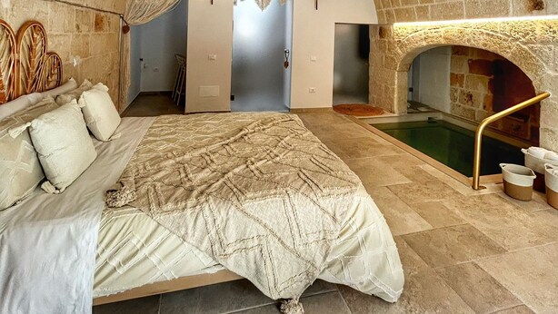 Una habitación amplia con una cama grande, techo de piedra y una piscina pequeña.