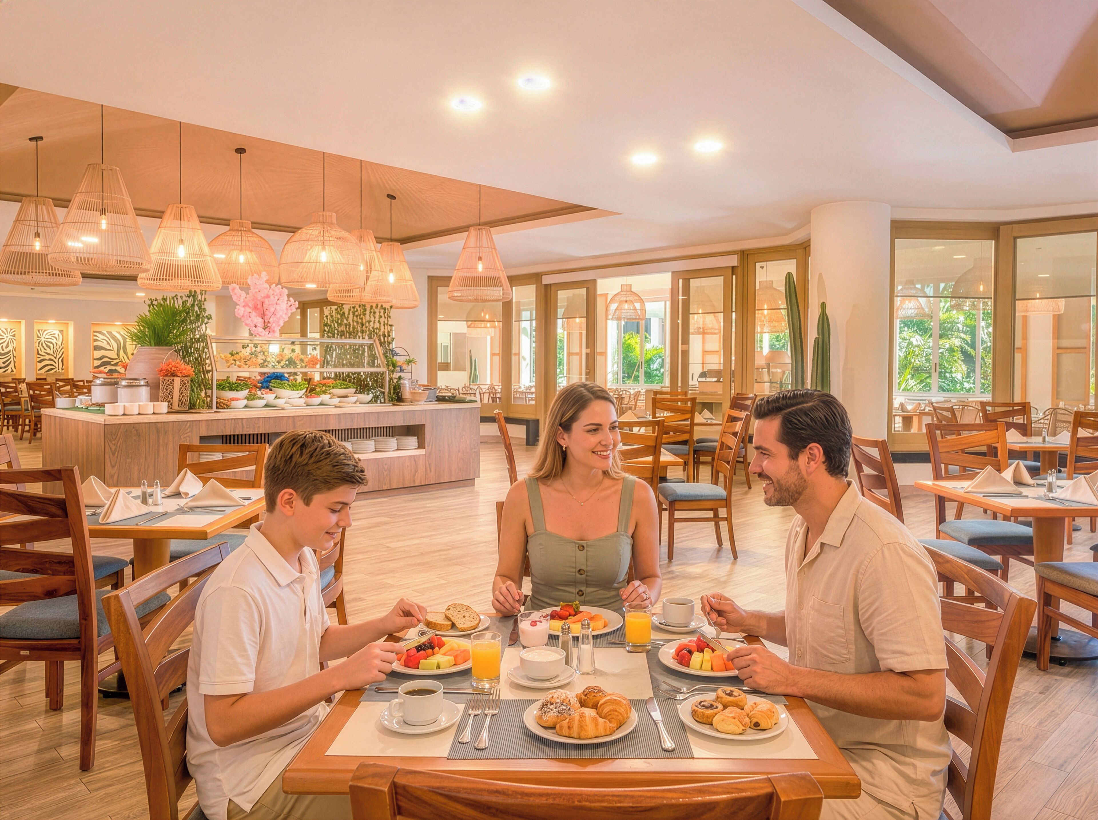 A breakfast setting with wooden furniture, a buffet with various food items, and hanging pendant lights.