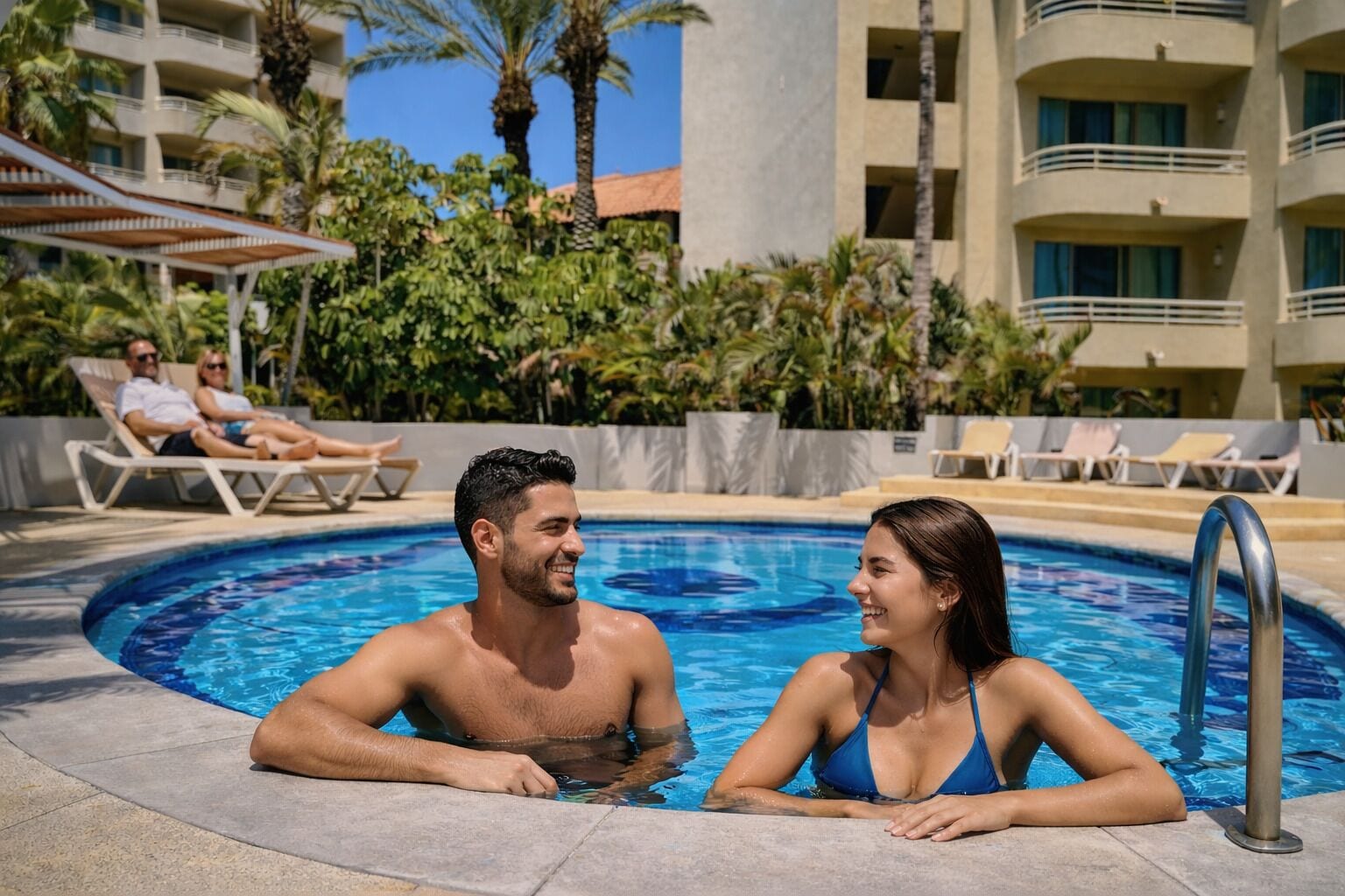 A swimming pool with lounge chairs and palm trees in the background.
