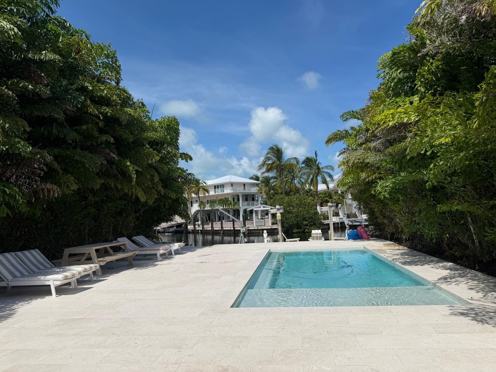A swimming pool with lounge chairs, surrounded by dense foliage and a building in the background.