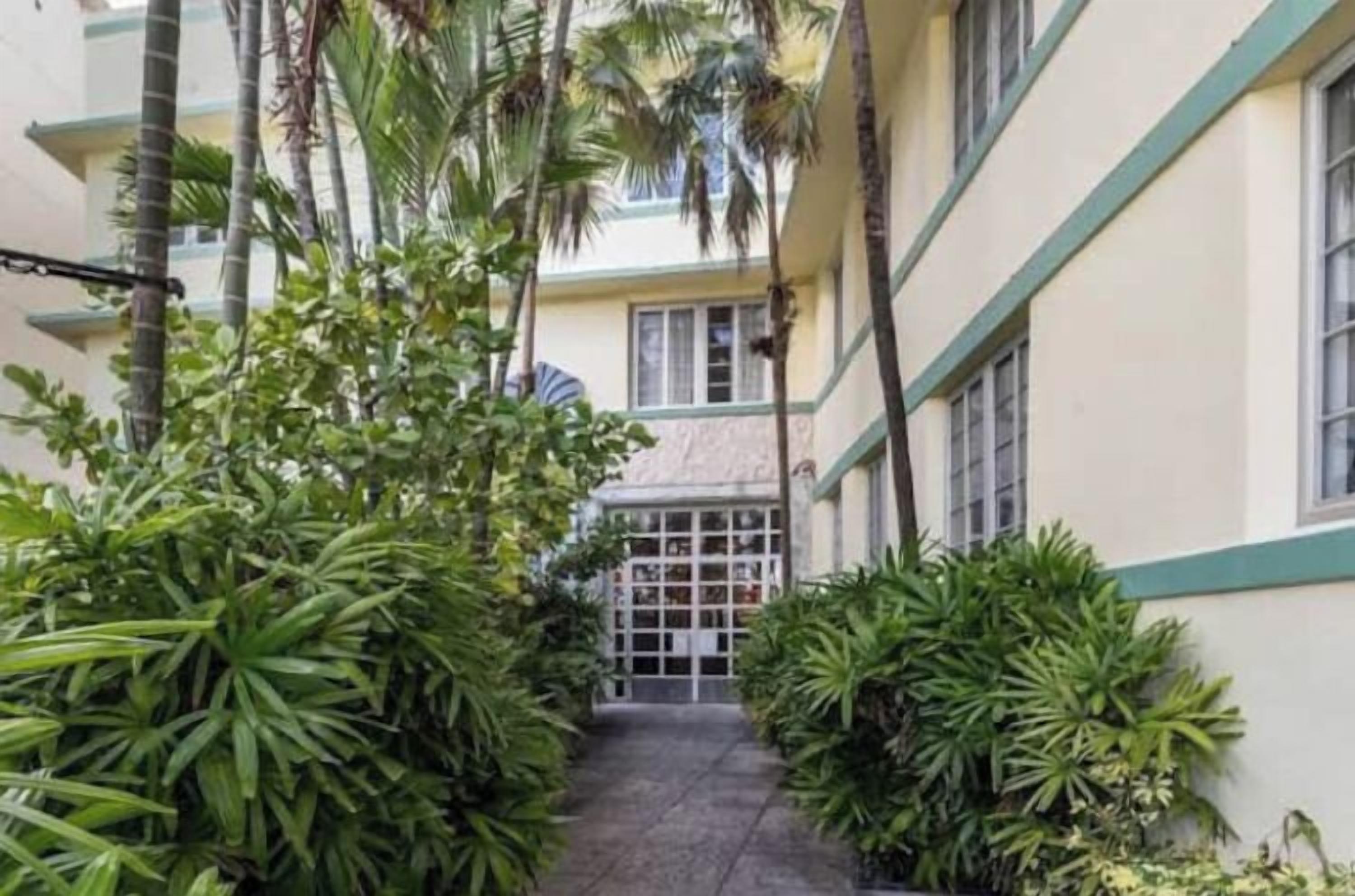 A narrow pathway flanked by lush greenery leading to a building with a glass door entrance.