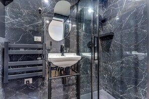 Shower, hair dryer, towels, toilet paper
