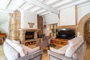 Télévision, cheminée, chaîne hi-fi